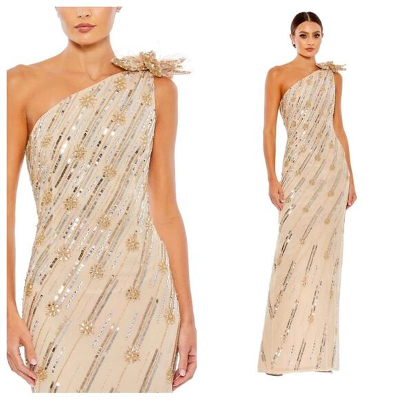 NWT MAC DUGGAL 93739 Nude Gold Embellished Floral Detail One Shoulder Gown Women - Picture 1 of 15